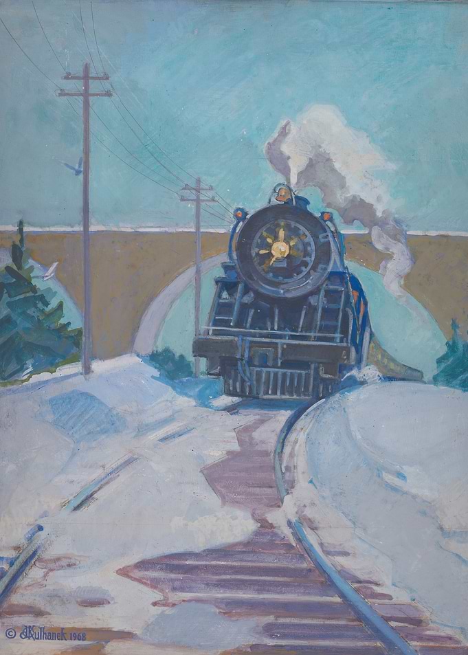 Vintage Train in Winter Landscape Painting