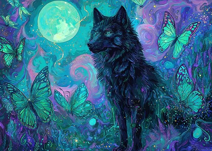 Wolf and Butterflies Moonlight
