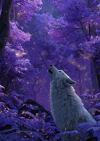 Wolf Howling Purple Forest