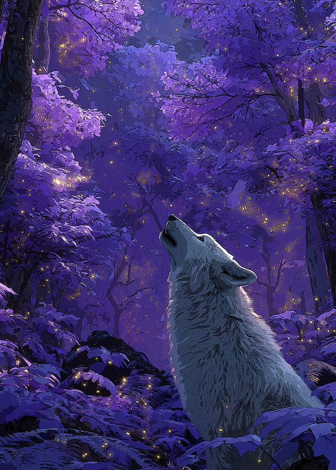 Wolf Howling Purple Forest