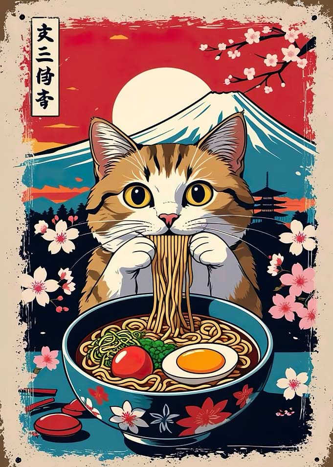 Cat eating ramen with Mount Fuji