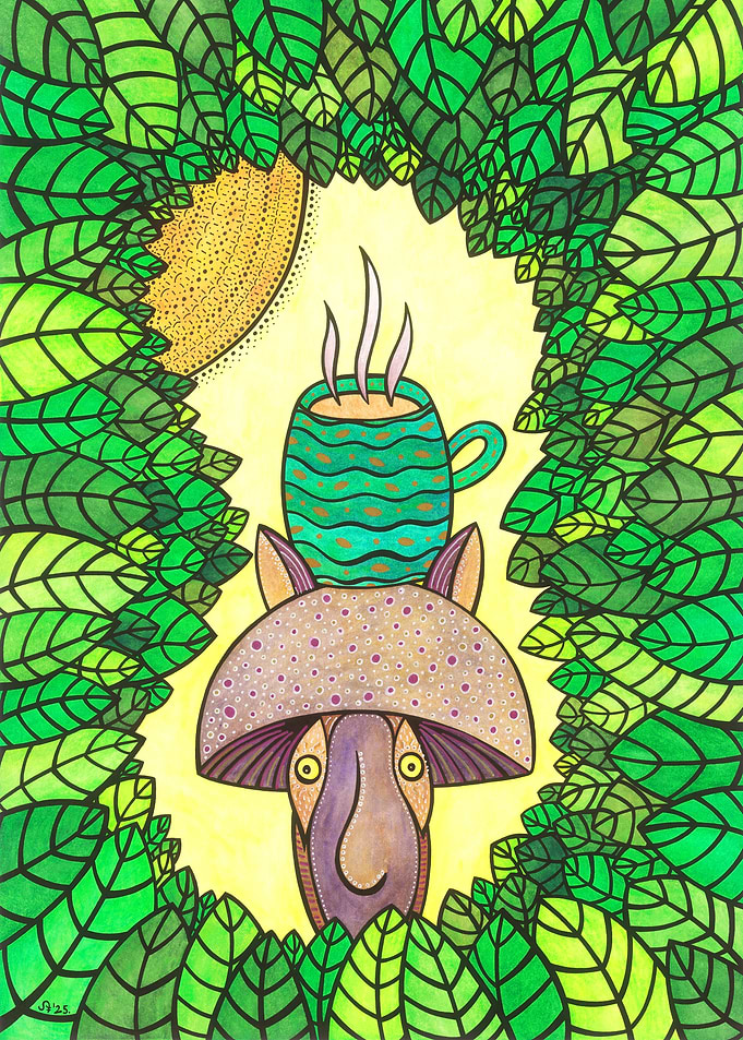 Safe Place - mushroom creature with coffee mug