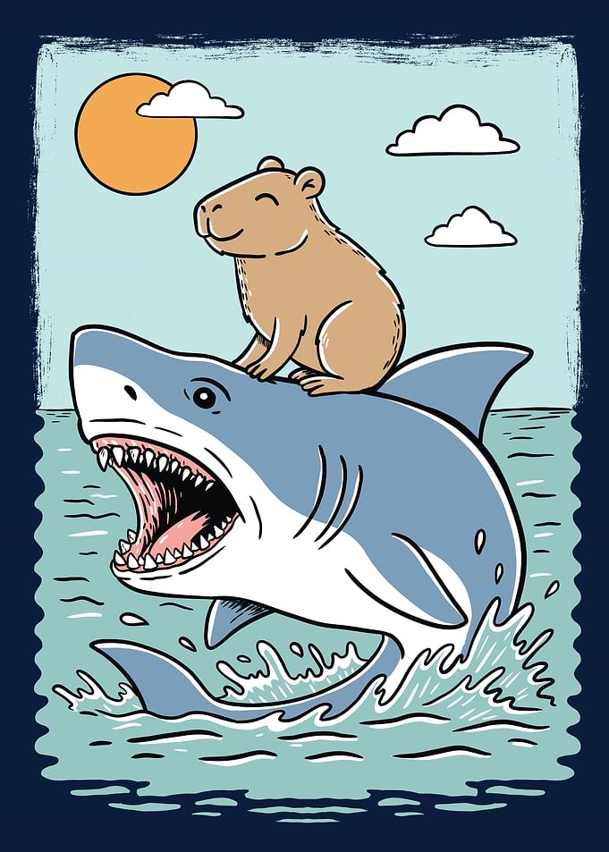 Capybara riding a shark illustration