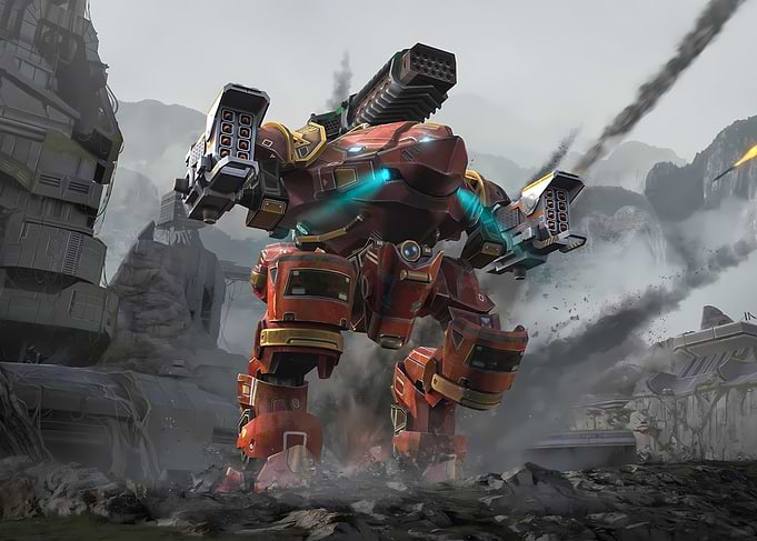Red Mech Warrior in Battle Scene
