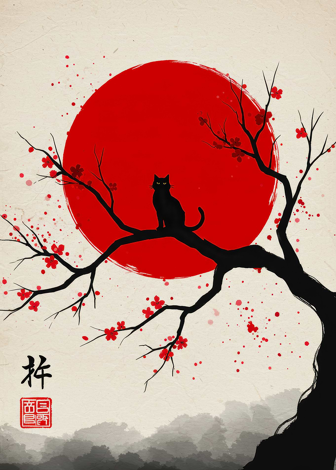 Black Cat on Cherry Blossom Branch