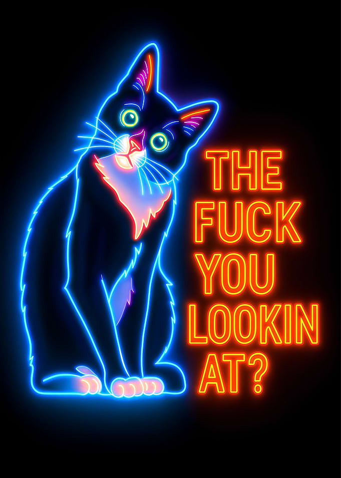 Neon Cat with Sarcastic Text