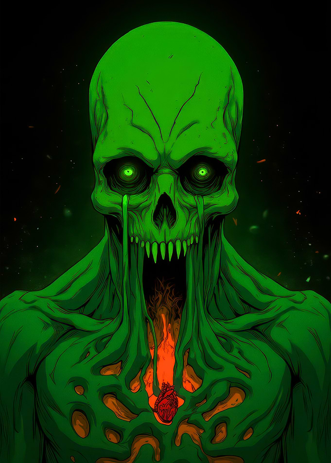 Green Glowing Skull with Heart