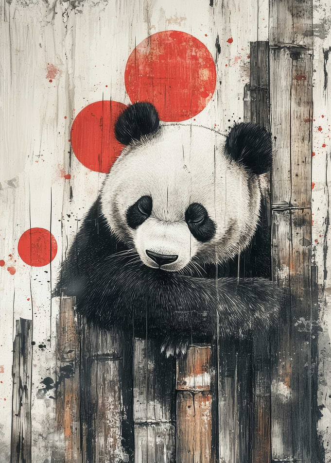 Panda with Red Circles | Panda Rustic Wall Art