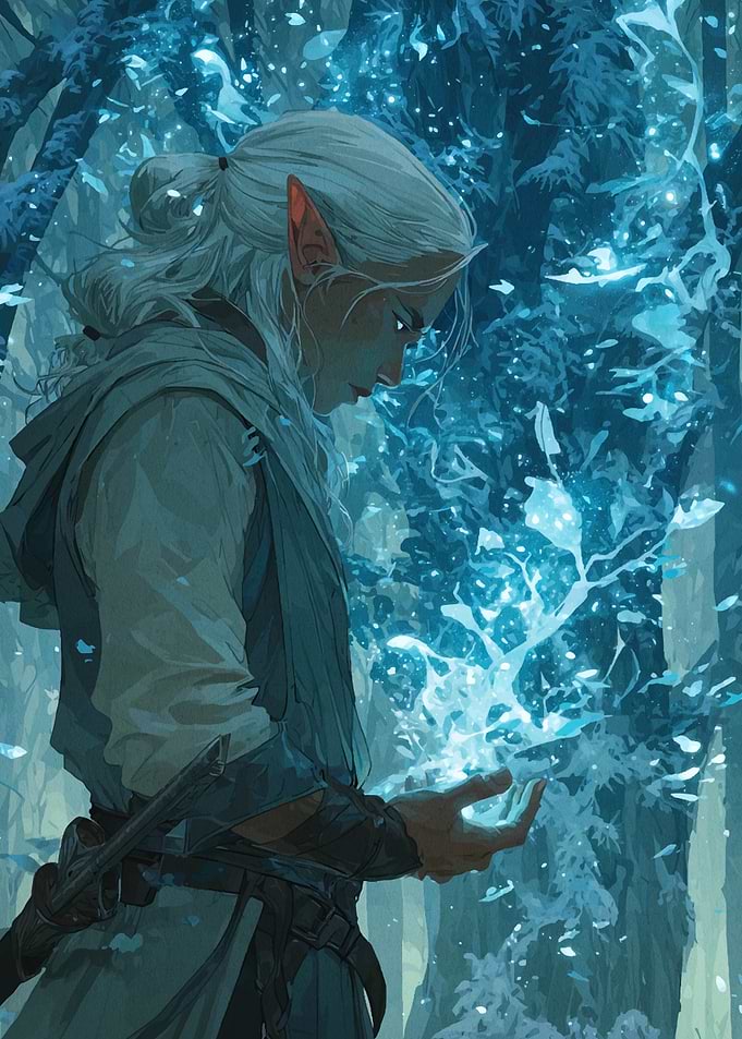 Elf with magical light in forest