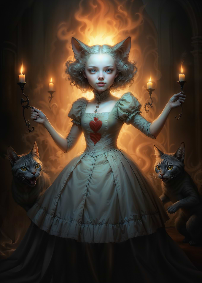 Magic Girl with Candles and Cats