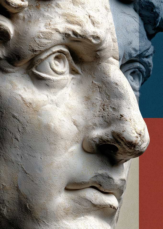 David Statue Close-Up with Color Blocks