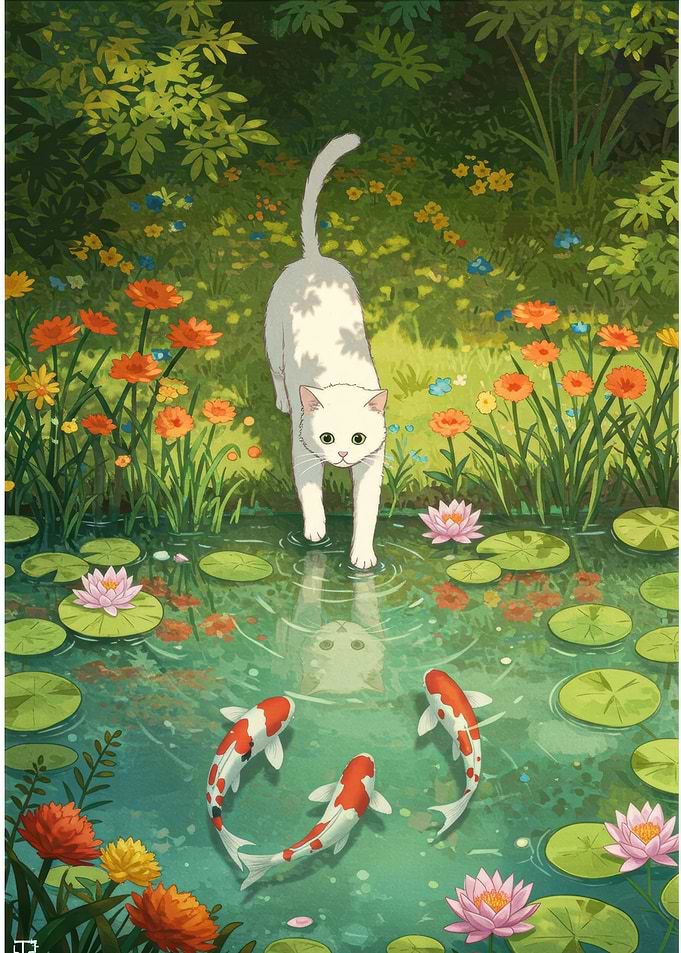 Cat and Koi Pond Illustration
