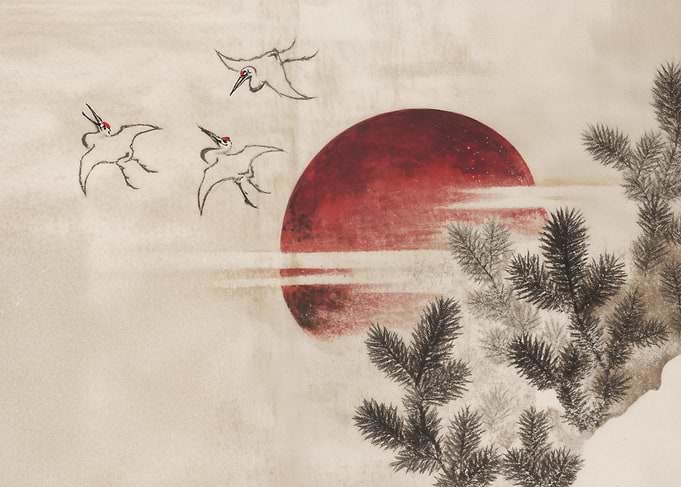 Cranes Flying Near Red Sun Painting