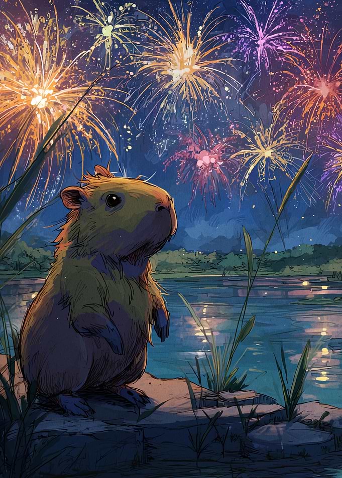 Capybara watching fireworks illustration