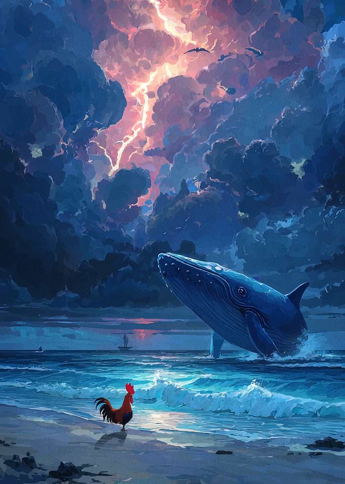 Whale, Rooster, and Stormy Seascape