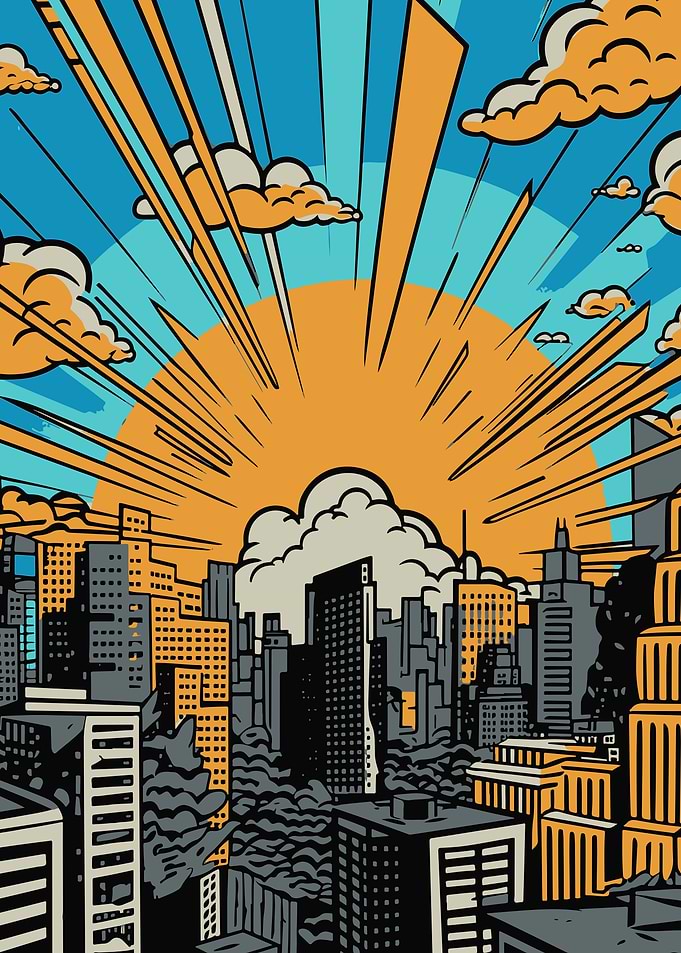 Cityscape Sunrise Pop Art Illustration