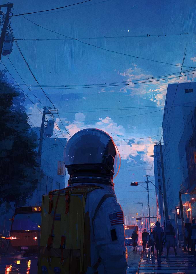 Astronaut in Cityscape at Dusk