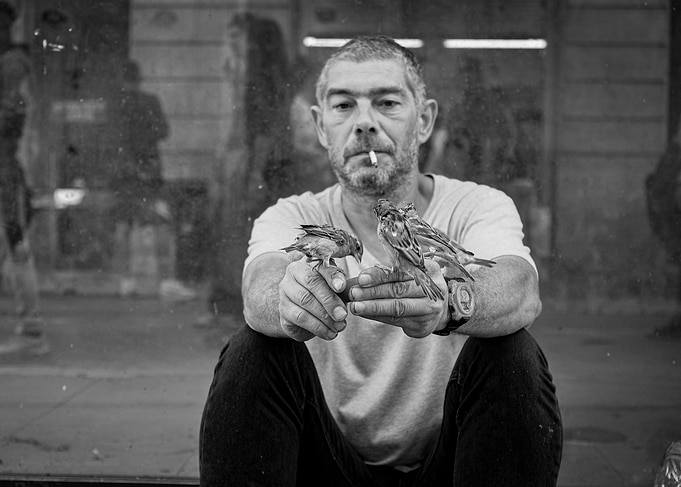 Man with Sparrows, Black and White