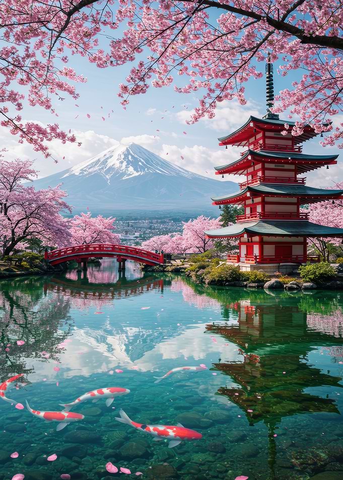Japanese Pagoda, Cherry Blossoms, and Koi