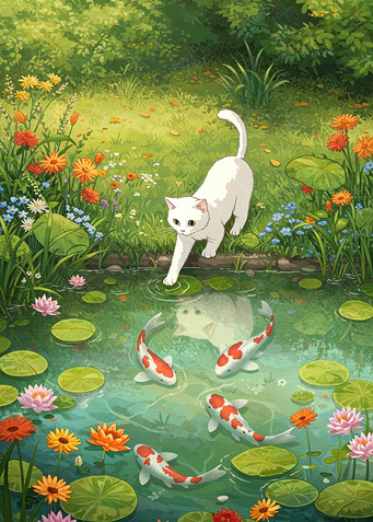 White Cat and Koi Pond
