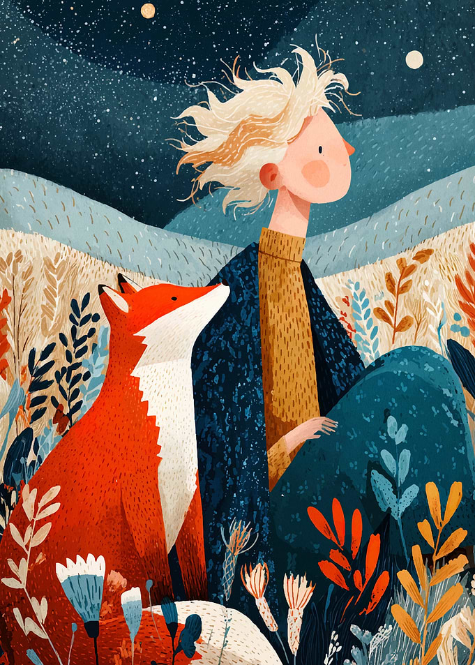 Girl and Fox Under Starry Sky