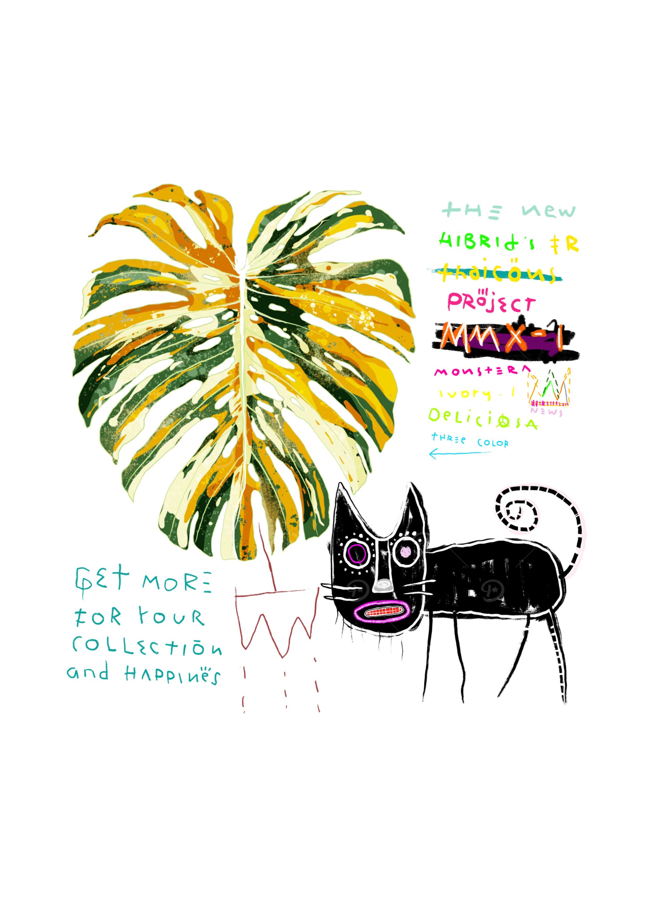 Abstract Monstera Leaf and Cat Art