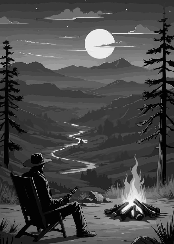 Cowboy by Campfire Under Moonlight