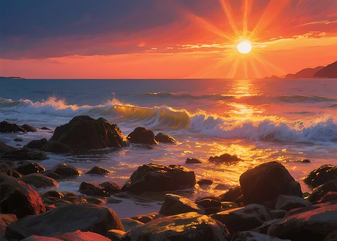 Sunset over rocky beach with waves