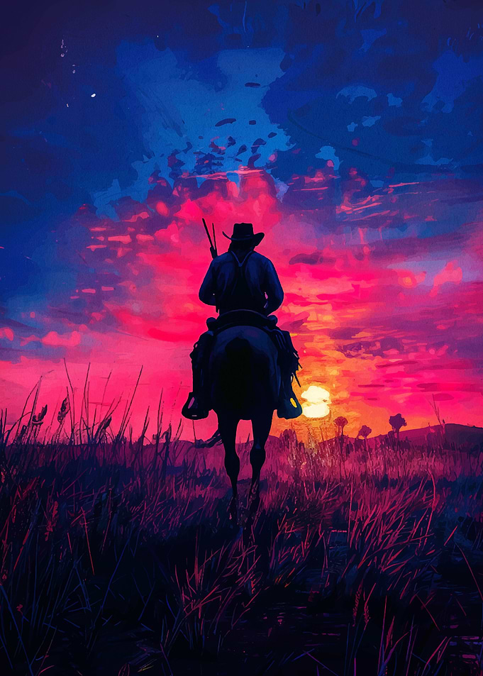 Cowboy on Horseback at Sunset