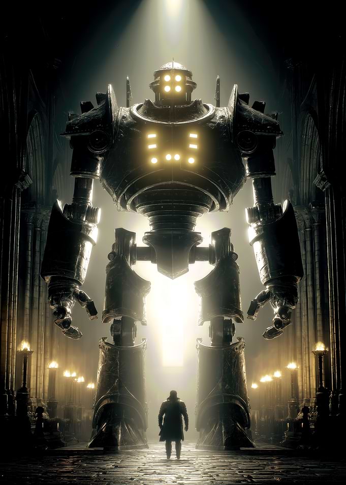 Giant Robot and Man in Cathedral