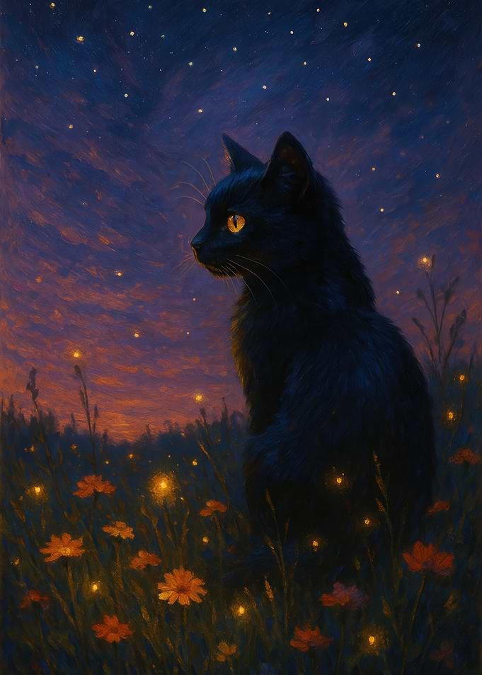 Black cat flower field Sunset