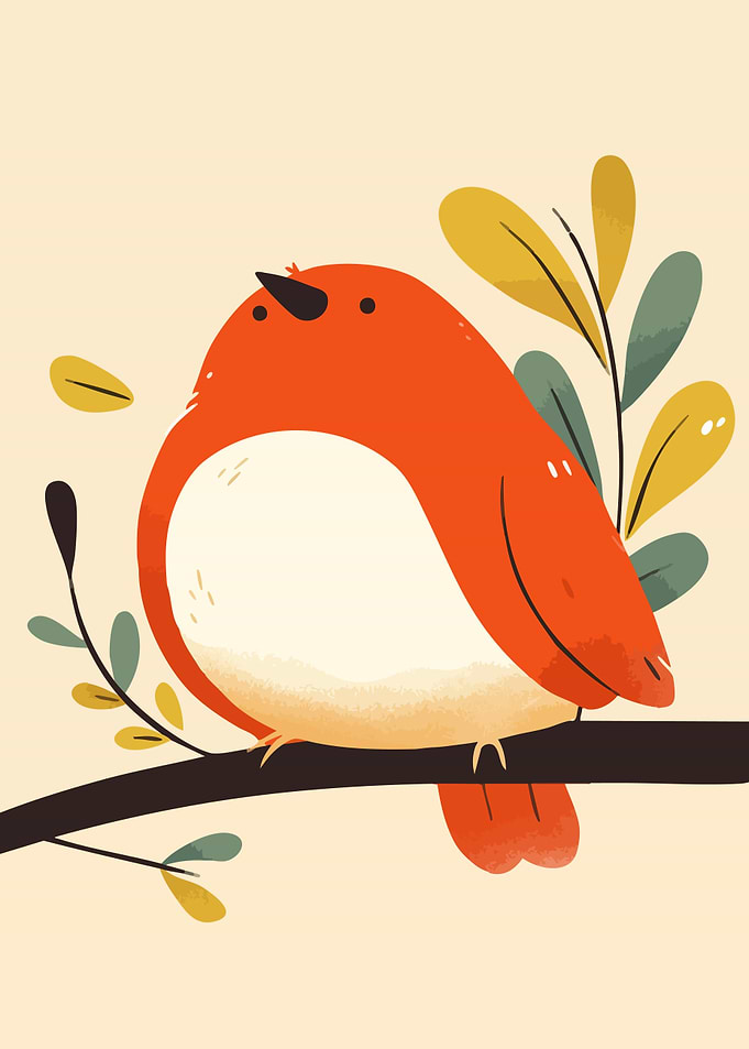 Cute Orange Bird on Branch Minimalist Art Illustration
