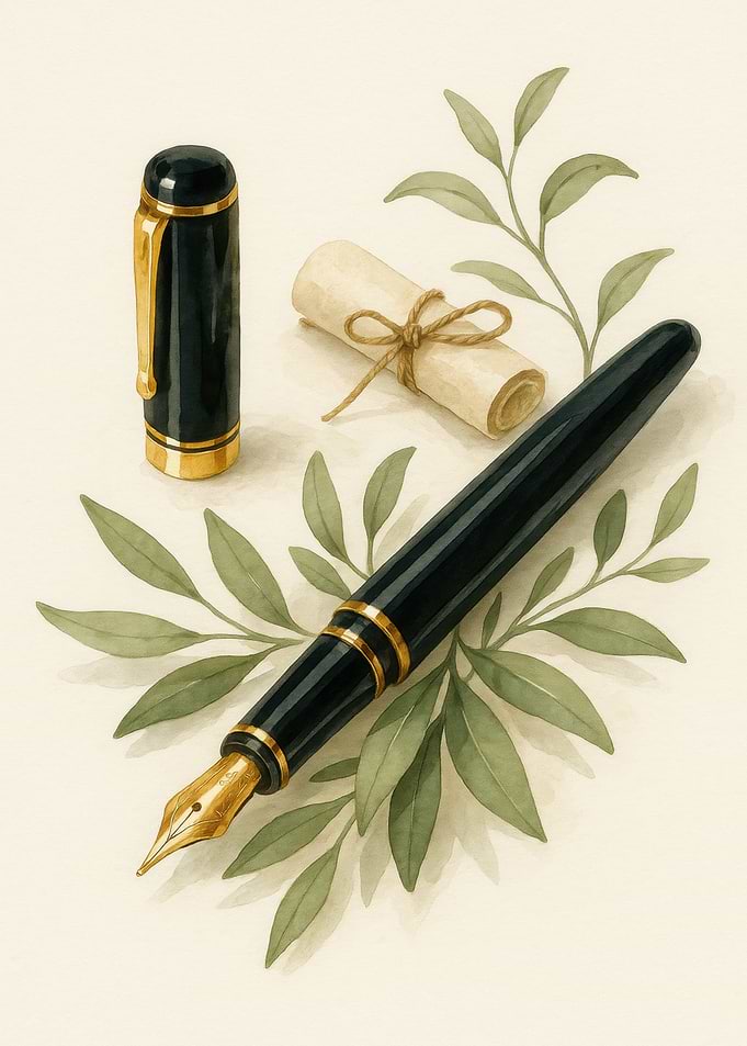 Vintage Fountain Pen with Olive Leaves – Watercolor Art