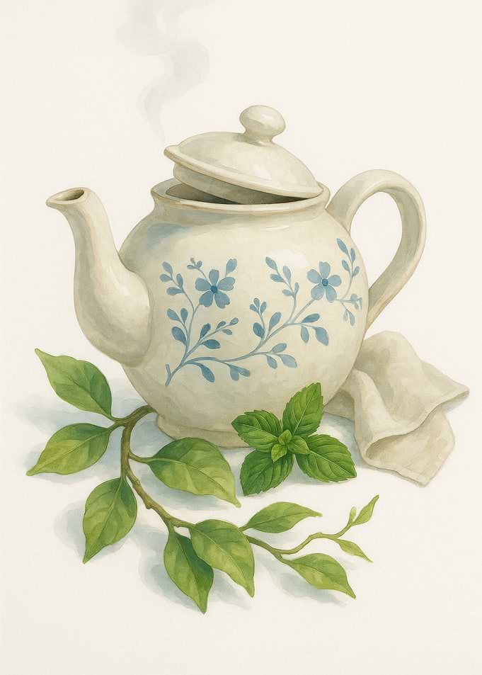 Vintage Ceramic Teapot with Lemon Leaves – Watercolor Art