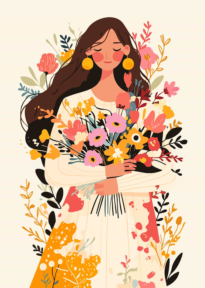 Boho Woman with Flowers Minimalist Art Illustration