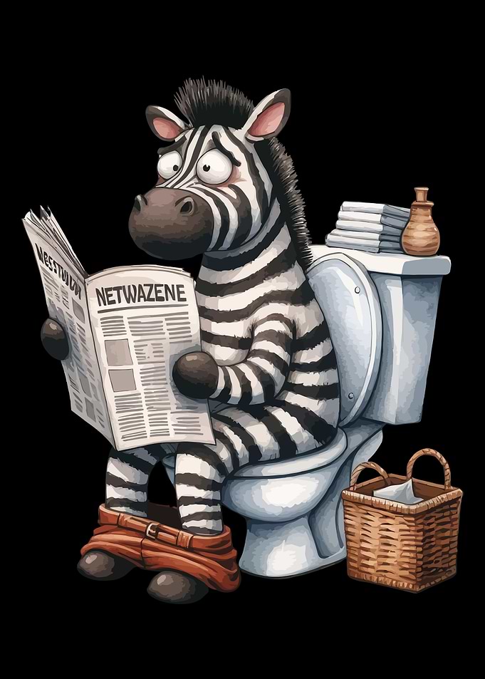 Zebra on Toilet Reading Newspaper