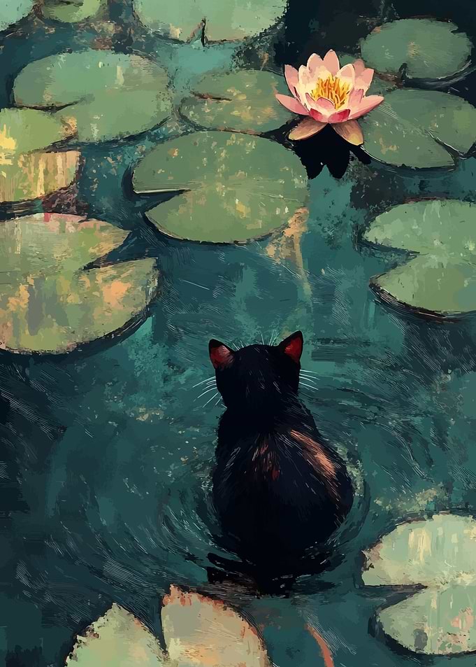 Cat in Lily Pond Painting