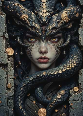 Medusa Portrait with Snakes and Gold