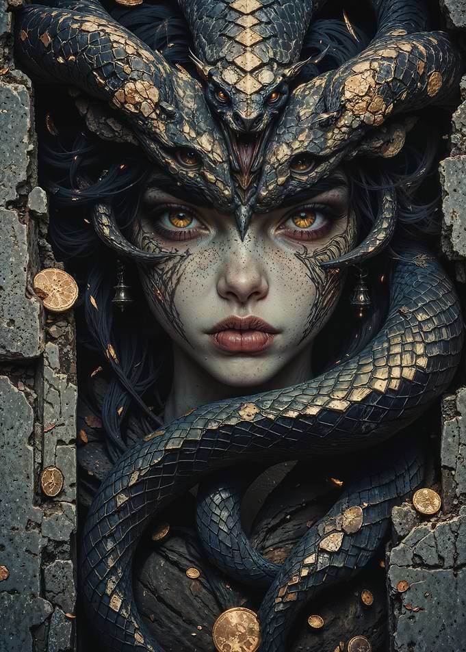 Medusa Portrait with Snakes and Gold