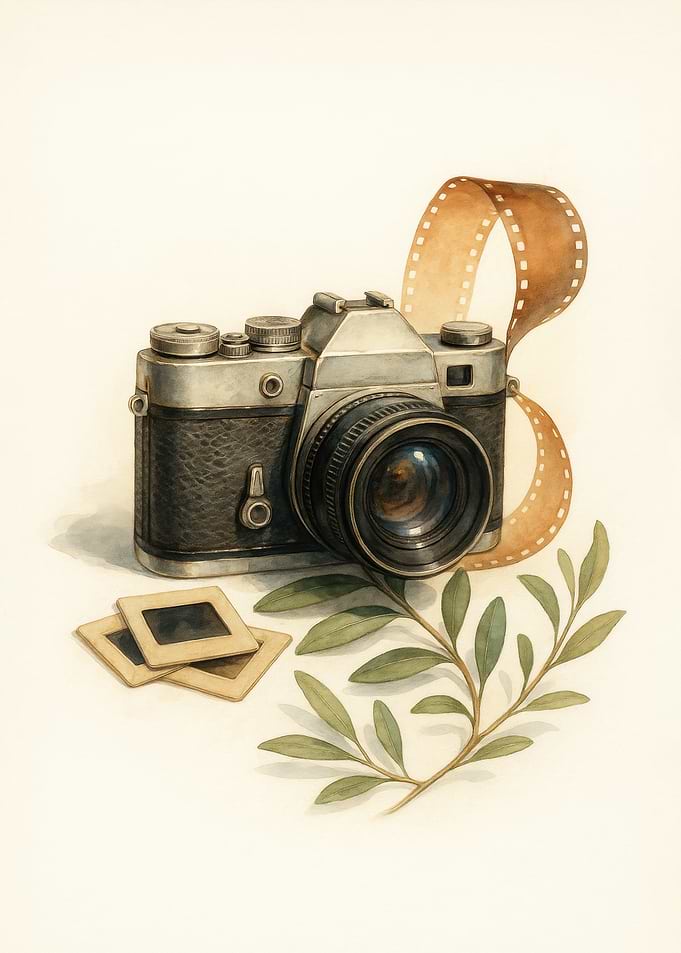 Vintage Film Camera with Olive Leaves – Watercolor Art