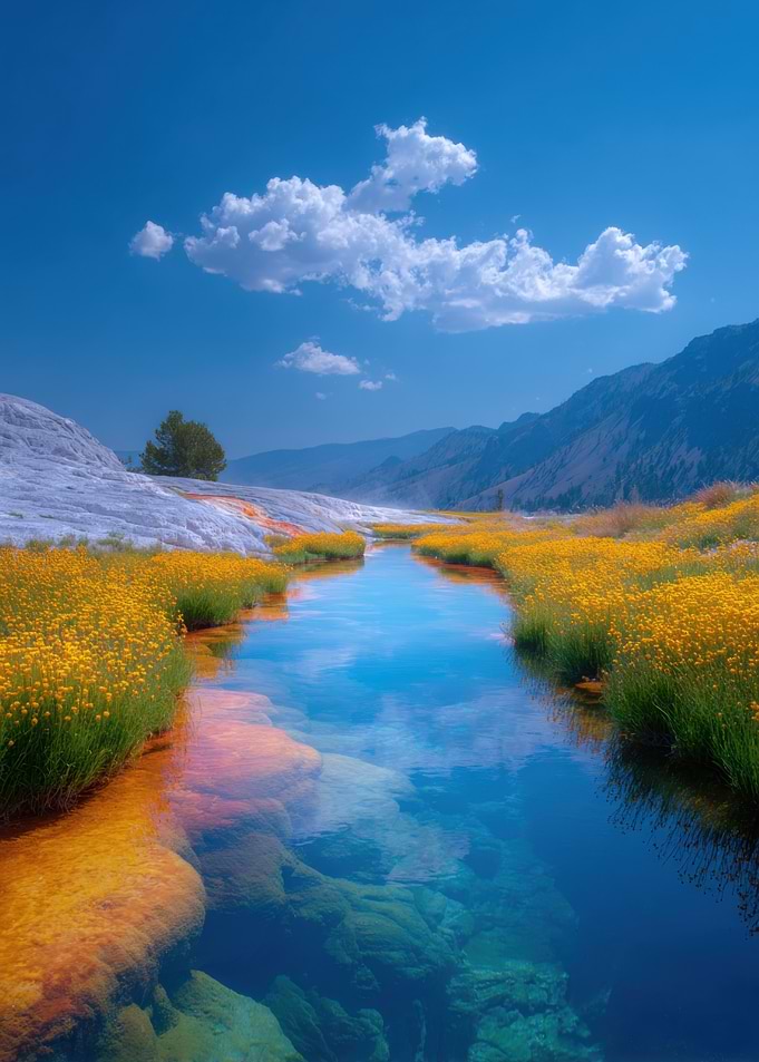 Scenic River Landscape with Yellow Flowers
