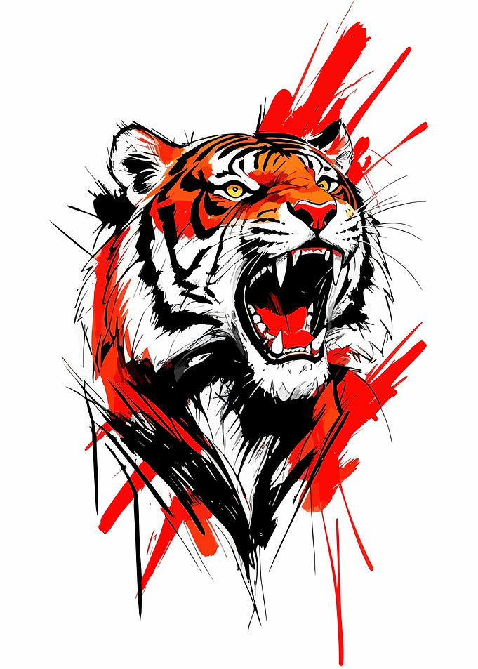 Roaring Tiger Head with Red Accents