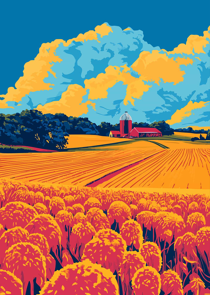Calm Farm Afternoon Sunset Minimalist Art Illustration