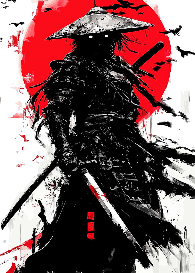 Dark Samurai with Katana and Red Sun