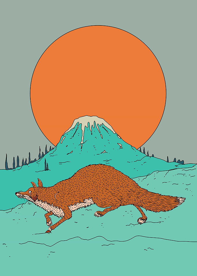 Fox Running Near Mountain and Sun