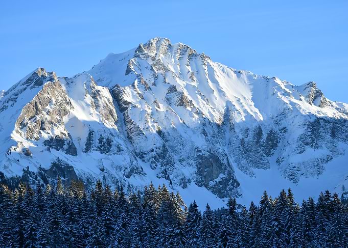 Snowy Mountain Peak with Forest