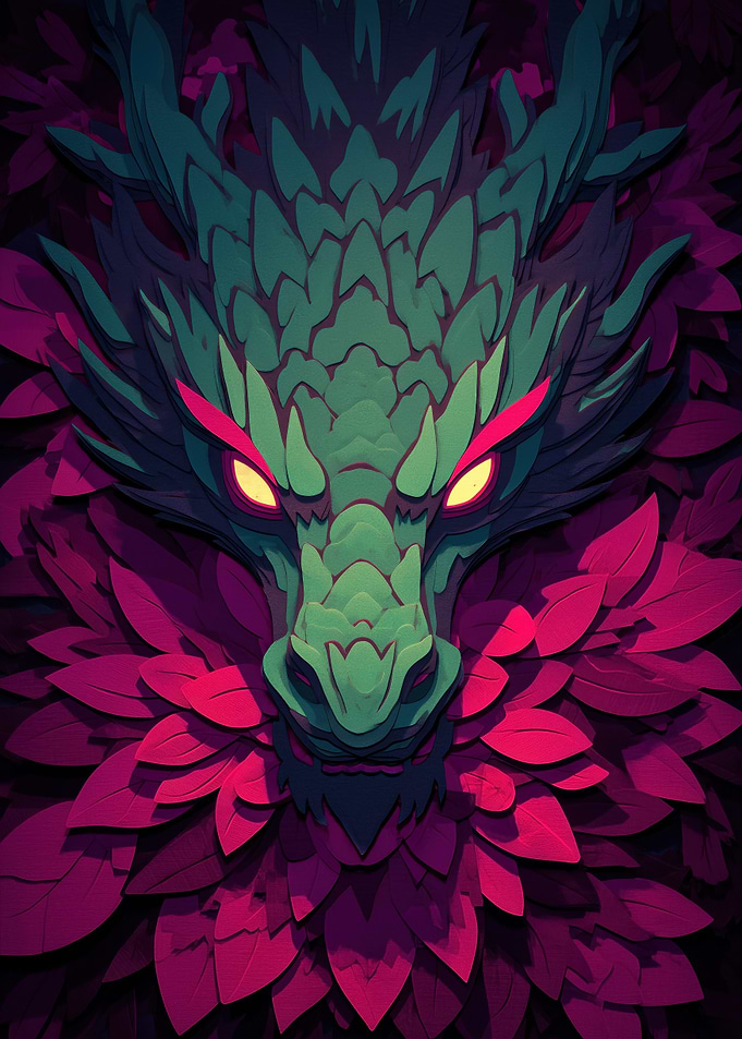 Green and Purple Dragon Head Portrait