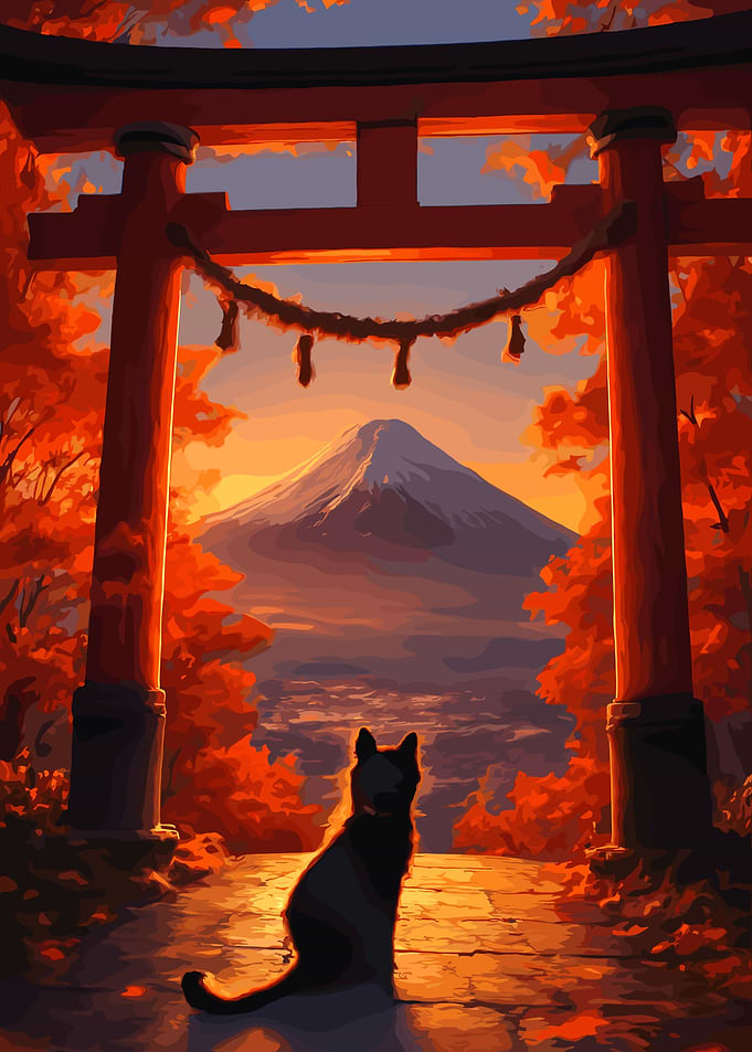 Cat gazing at Mount Fuji through Torii