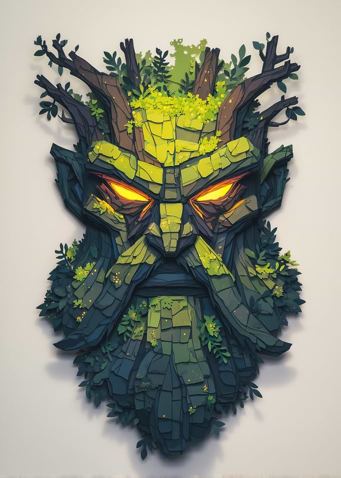 Green Man Mask with Glowing Eyes Portrait