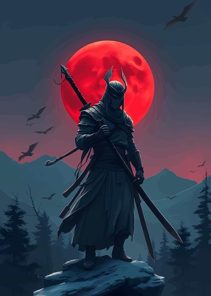 Warrior with Swords under Red Moon